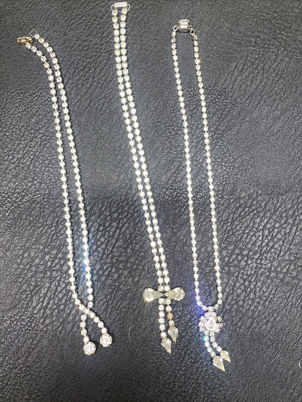 Lot Of 3 Vintage 80s Rhinestone Deco Style Necklaces Silver Tone Prom Cocktail